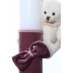 Lumanare botez accesorizata cu catifea roz pudrat si ursulet de plus, 28 cm, Recostore, REC2164