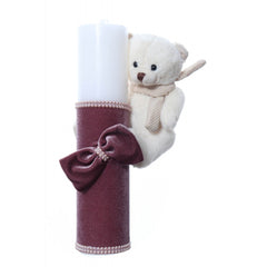 Lumanare botez accesorizata cu catifea roz pudrat si ursulet de plus, 28 cm, Recostore, REC2164
