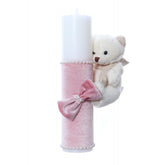 Lumanare botez accesorizata cu catifea roz si ursulet de plus, 28 cm, Recostore, REC2162