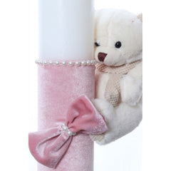 Lumanare botez accesorizata cu catifea roz si ursulet de plus, 28 cm, Recostore, REC2162
