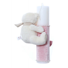 Lumanare botez accesorizata cu catifea roz si ursulet de plus, 28 cm, Recostore, REC2162
