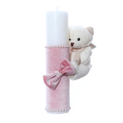 Lumanare botez accesorizata cu catifea roz si ursulet de plus, 28 cm, Recostore, REC2162