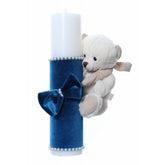 Lumanare botez accesorizata cu catifea turcoaz si ursulet de plus, 28 cm, Recostore, REC2168