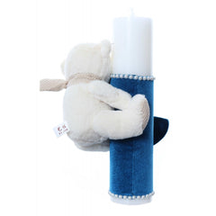 Lumanare botez accesorizata cu catifea turcoaz si ursulet de plus, 28 cm, Recostore, REC2168