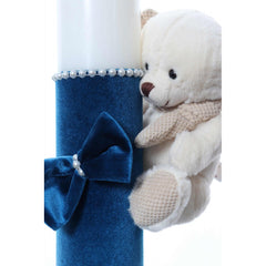Lumanare botez accesorizata cu catifea turcoaz si ursulet de plus, 28 cm, Recostore, REC2168
