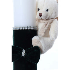 Lumanare botez accesorizata cu catifea verde si ursulet de plus, 28 cm, Recostore, REC2170