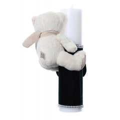 Lumanare botez accesorizata cu catifea verde si ursulet de plus, 28 cm, Recostore, REC2170