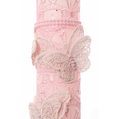 Lumanare botez accesorizata cu dantela roz si fluturi, 35 cm, Recostore, REC2181