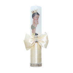 Lumanare botez cu Bebe Print accesorizata cu panglica ivoire, Recostore, REC2208