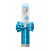 Lumanare botez cu Bebe Print accesorizata cu panglica turcoaz, Recostore, REC2213