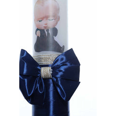 Lumanare botez cu Bebe Sef accesorizata cu panglica bleumarin, Recostore, REC2207