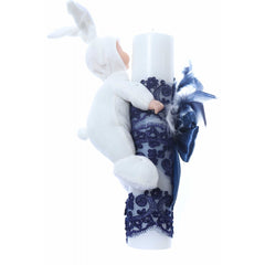 Lumanare botez cu bebelus atasat, accesorizata cu dantela bleumarin, 30x6 cm, Recostore, REC2218