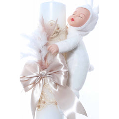 Lumanare botez cu bebelus atasat, accesorizata cu dantela crem, 30x6 cm, Recostore, REC2216