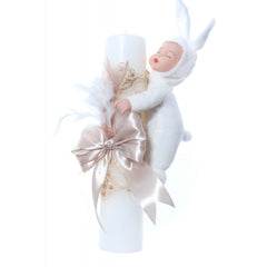 Lumanare botez cu bebelus atasat, accesorizata cu dantela crem, 30x6 cm, Recostore, REC2216