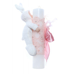 Lumanare botez cu bebelus atasat, accesorizata cu dantela roz, 30x6 cm, Recostore, REC2215