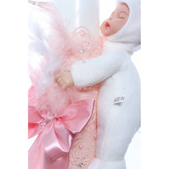 Lumanare botez cu bebelus atasat, accesorizata cu dantela roz, 30x6 cm, Recostore, REC2215