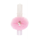 Lumanare botez cu ingeras, tulle roz tip glob, 40x7 cm, Recostore, REC1924