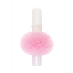 Lumanare botez cu ingeras, tulle roz tip glob, 40x7 cm, Recostore, REC1924