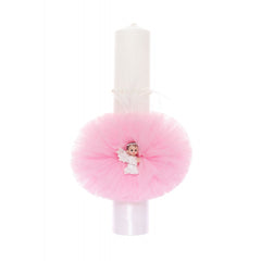 Lumanare botez cu ingeras, tulle roz tip glob, 40x7 cm, Recostore, REC1924