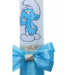 Lumanare botez cu Strumf accesorizata cu panglica turcoaz, Recostore, REC2205