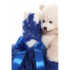 Lumanare botez cu tulle albastru electric tip glob si cu ursulet de plus atasat, 35x7 cm, Recostore, REC1861