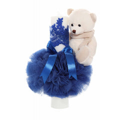 Lumanare botez cu tulle albastru electric tip glob si cu ursulet de plus atasat, 35x7 cm, Recostore, REC1861