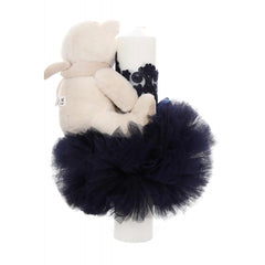 Lumanare botez cu tulle bleumarin tip glob si cu ursulet de plus atasat, 35x7 cm, Recostore, REC1859