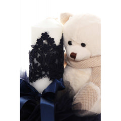 Lumanare botez cu tulle bleumarin tip glob si cu ursulet de plus atasat, 35x7 cm, Recostore, REC1859