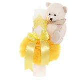 Lumanare botez cu tulle galben tip glob si cu ursulet de plus atasat, 35x7 cm, Recostore, REC1857