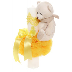 Lumanare botez cu tulle galben tip glob si cu ursulet de plus atasat, 35x7 cm, Recostore, REC1857