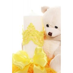 Lumanare botez cu tulle galben tip glob si cu ursulet de plus atasat, 35x7 cm, Recostore, REC1857
