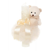 Lumanare botez cu tulle ivoire tip glob si cu ursulet de plus atasat, 35x7 cm, Recostore, REC1858