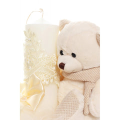 Lumanare botez cu tulle ivoire tip glob si cu ursulet de plus atasat, 35x7 cm, Recostore, REC1858