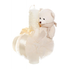 Lumanare botez cu tulle ivoire tip glob si cu ursulet de plus atasat, 35x7 cm, Recostore, REC1858