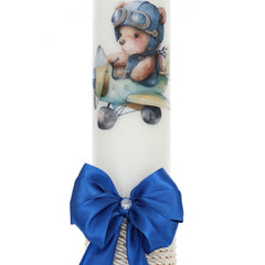 Lumanare botez, model Ursulet Aviator, 30x7 cm, albastru electric, Recostore, REC5002/8