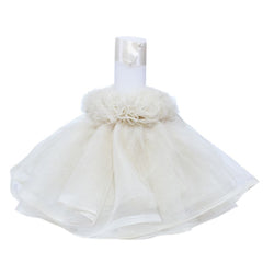 Lumanare crem pentru botez, cu ingeras, volane din tulle crem si funda, 30x5 cm, REC143