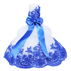 Lumanare cu funda albastra pentru botez si tulle alb, stralucitor, cu broderie albastra, 45x7 cm, REC209