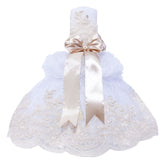Lumanare cu funda bej pentru botez si tulle alb, stralucitor, cu broderie bej, 45x7 cm, REC206