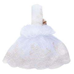 Lumanare cu funda bej pentru botez si tulle alb, stralucitor, cu broderie bej, 45x7 cm, REC206