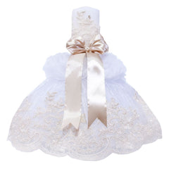 Lumanare cu funda bej pentru botez si tulle alb, stralucitor, cu broderie bej, 45x7 cm, REC206