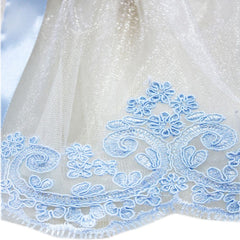 Lumanare cu funda bleu pentru botez si tulle crem, stralucitor, cu broderie bleu, 45x7 cm, REC207