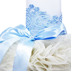 Lumanare cu funda bleu pentru botez si tulle crem, stralucitor, cu broderie bleu, 45x7 cm, REC207