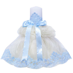 Lumanare cu funda bleu pentru botez si tulle crem, stralucitor, cu broderie bleu, 45x7 cm, REC207