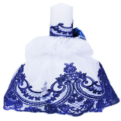 Lumanare cu funda bleumarin pentru botez si tulle alb, stralucitor, cu broderie bleumarin, 45x7 cm, REC208