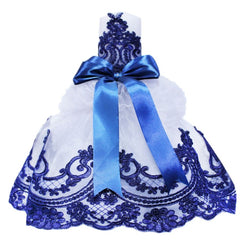 Lumanare cu funda bleumarin pentru botez si tulle alb, stralucitor, cu broderie bleumarin, 45x7 cm, REC208