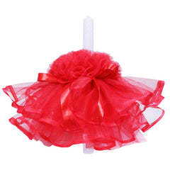 Lumanare cu funda pentru botez, cu volane din tulle rosu, 45x3 cm, REC201