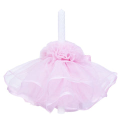 Lumanare cu funda pentru botez, cu volane din tulle roz, 45x3 cm, REC198