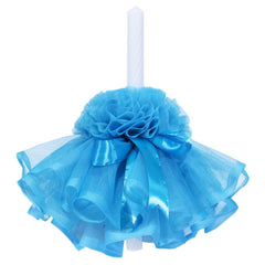Lumanare cu funda pentru botez, cu volane din tulle turcoaz, 45x3 cm, REC203