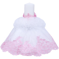 Lumanare cu funda roz pentru botez si tulle alb stralucitor si dantela roz, 45x7 cm, REC1448