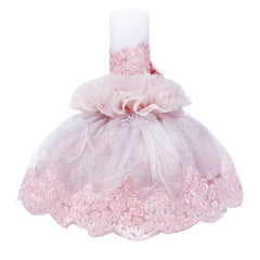 Lumanare cu funda roz pentru botez si tulle roz pudrat, stralucitor, cu broderie roz, 45x7 cm, REC205